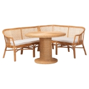 bali & pari Aara 3-Piece Natural Rattan Dining Nook Set - L-Shaped Corner Bench with Cushions and Round Pedestal Wicker Table, Handwoven Boho Coastal Breakfast Banquette for Kitchen or Sunroom